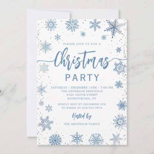 ダスティブルーエレガントスノーフレークのクリスマスパーティー 招待状 (正面)