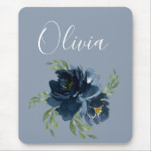 ダスティブルーエレガントネームフローラ水色モダン マウスパッド (正面)