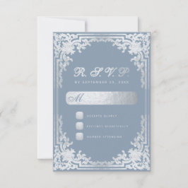 ダスティブルーエレガントバーフェイクシルバーヴィンテージ結婚式 出欠カード