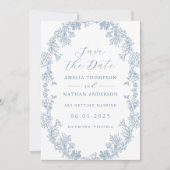 ダスティブルーエレガントビンテージ結婚式の日付を保存 セーブザデート (正面)