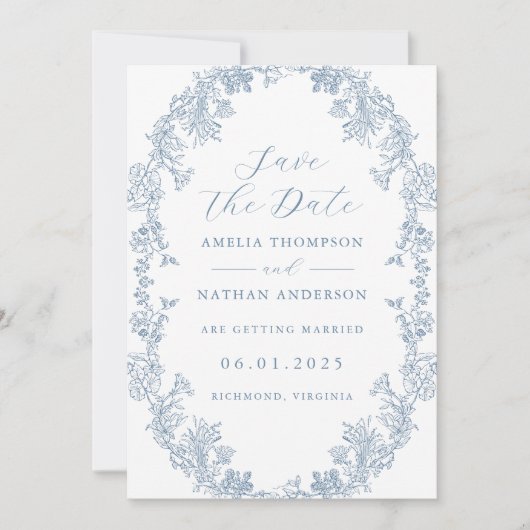 ダスティブルーエレガントビンテージ結婚式の日付を保存 セーブザデート (正面)