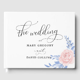 ダスティブルーエレガントピンク結婚フローラ素朴ズ ゲストブック