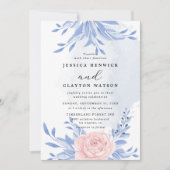 ダスティブルーエレガントピンク結婚フローラ素朴ズ 招待状 (正面)