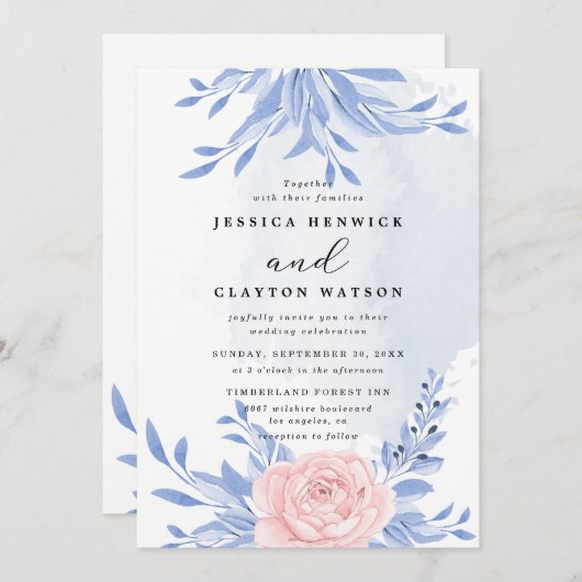 ダスティブルーエレガントピンク結婚フローラ素朴ズ 招待状 (正面/裏面)