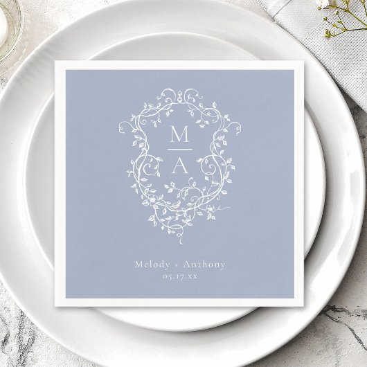 ダスティブルーエレガントフランスのフローラ結婚クレスト スタンダードカクテルナプキン