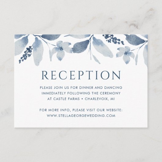 ダスティブルーエレガントフローラウェディングレセプションカード エンクロージャーカード (正面)