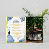 ダスティブルーエレガントフローラバタフライキンセアニェラ 箔招待状 (立ち正面)