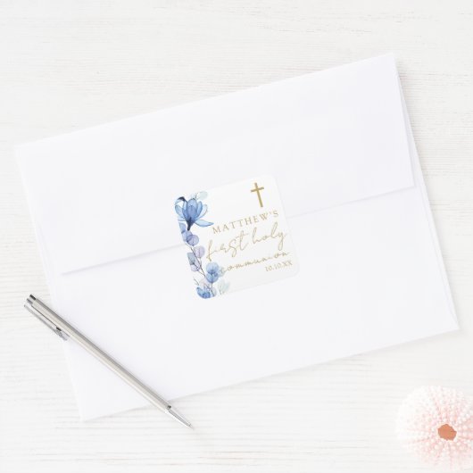 ダスティブルーエレガントフローラファーストホーリーコミュニオン スクエアシール (封筒)