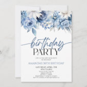 ダスティブルーエレガントフローラフラワーバースデーパーティー 招待状 (正面)