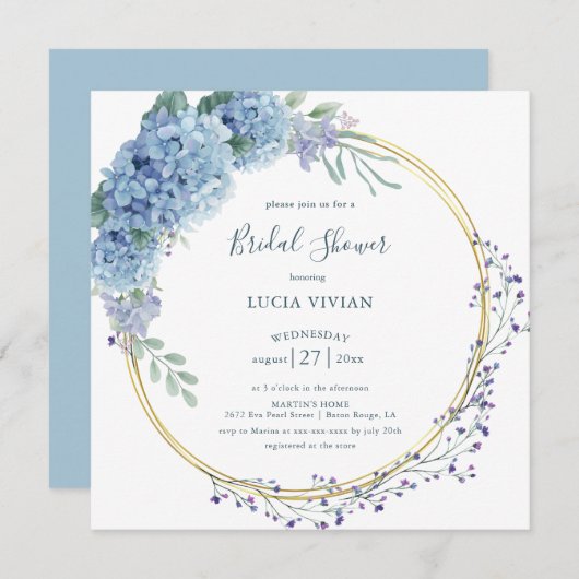 ダスティブルーエレガントフローラブライダルシャワー招待 セーブザデート (正面/裏面)