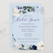 ダスティブルーエレガントフローラブライダルシャワー 招待状 (正面/裏面)