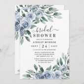 ダスティブルーエレガントフローラボホバラブライダルシャワー 招待状 (正面/裏面)
