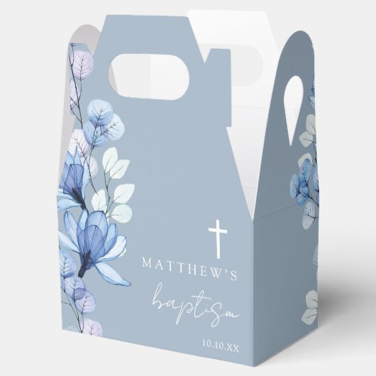 ダスティブルーエレガントフローラモダン洗礼 フェイバーボックス (オープン)