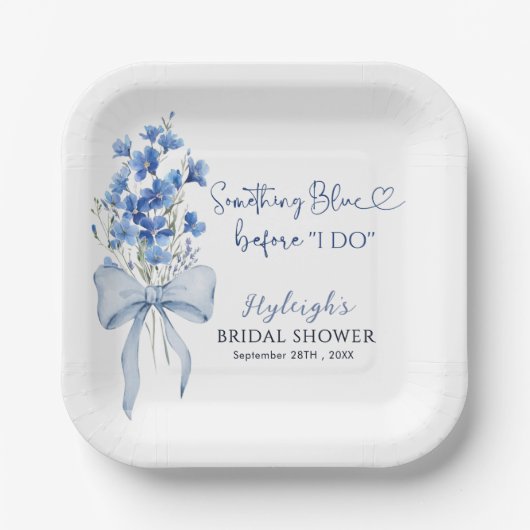 ダスティブルーエレガントフローラリボンボウブライダルシャワー ペーパープレート (正面)