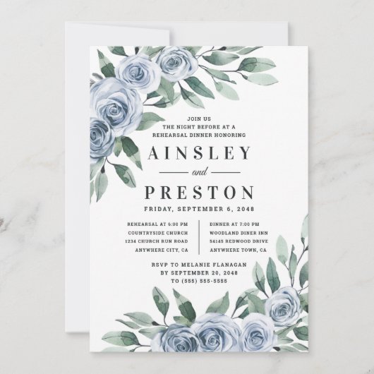 ダスティブルーエレガントフローラ素朴リハーサル 招待状 (正面)