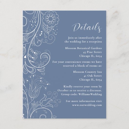 ダスティブルーエレガントフローラ結婚の詳細 エンクロージャーカード (正面)