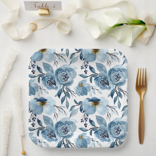 ダスティブルーエレガントフローラ&ホワイトスクエアパーティー ペーパープレート (ウェディング)