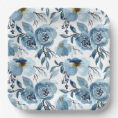 ダスティブルーエレガントフローラ&ホワイトスクエアパーティー ペーパープレート (正面)