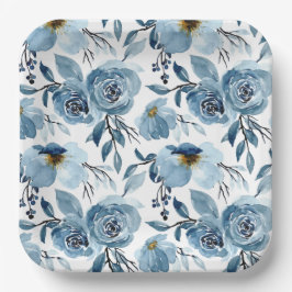 ダスティブルーエレガントフローラ&ホワイトスクエアパーティー ペーパープレート