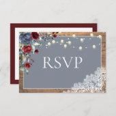 ダスティブルーエレガントブルゴーニュフローラレースウッドRSVP 出欠カード (正面/裏面)