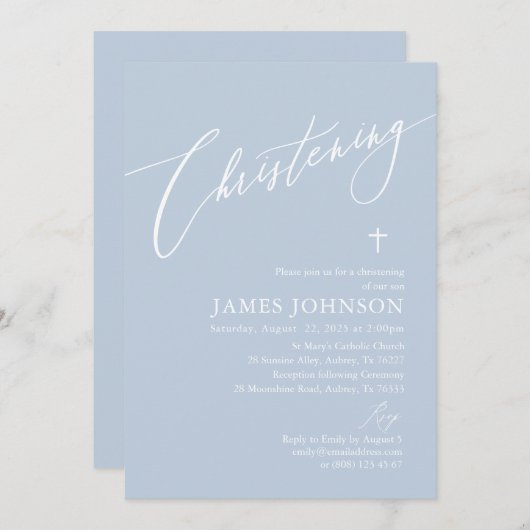 ダスティブルーエレガントホワイトクロスボーイ《キリスト教》洗礼式や命名式 招待状 (正面/裏面)