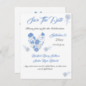 ダスティブルーエレガントホワイトグレーフローラハート結婚ズ セーブザデート (正面/裏面)