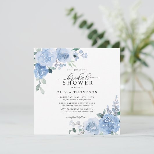 ダスティブルーエレガントライトボタニカルブライダルシャワー 招待状 (スタンド正面)