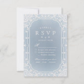 ダスティブルーエレガントロマンチックなヴィンテージ結婚式RSVP 出欠カード (正面)