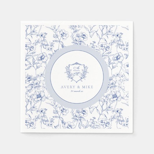 ダスティブルーエレガントヴィンテージバラクレスト結婚ズ スタンダードカクテルナプキン (正面)