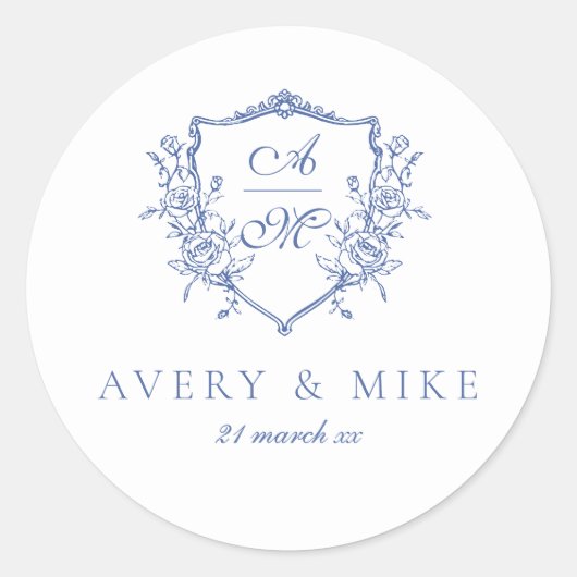 ダスティブルーエレガントヴィンテージバラクレスト結婚ズ ラウンドシール (正面)