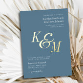 ダスティブルーエレガント金ゴールドクラシックモノグラム結婚ズ 箔招待状