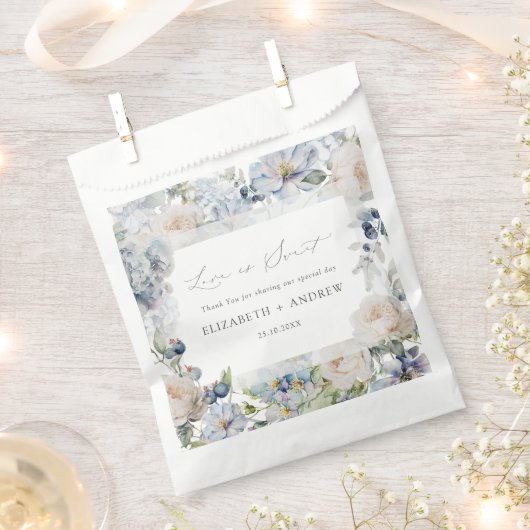 ダスティブルーエレガント&赤面ピンク結婚式の引き出物バッグ フェイバーバッグ (クリップ留めされた状態)