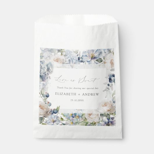 ダスティブルーエレガント&赤面ピンク結婚式の引き出物バッグ フェイバーバッグ (正面)