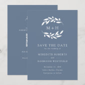 ダスティブルーオリーブブランチモノグラム結婚リース セーブザデート (正面/裏面)