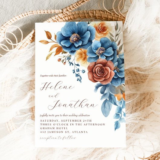 ダスティブルーオレンジテラコッタエレガントな結婚式 招待状