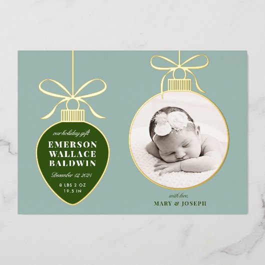 ダスティブルーオーナメントベビーアナウンスホリデーカード 箔シーズンカード (正面)