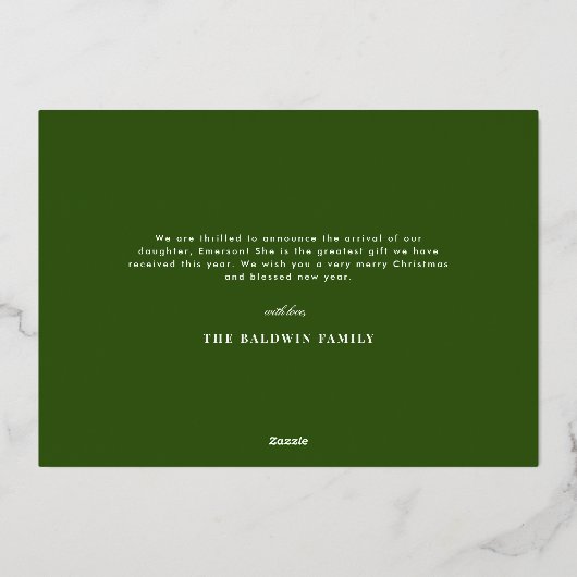 ダスティブルーオーナメントベビーアナウンスホリデーカード 箔シーズンカード (裏面)