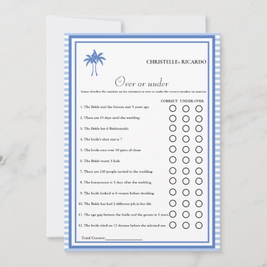 ダスティブルーオーバーまたはブライダルシャワーゲームカードの下 案内状 (正面)