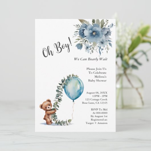 ダスティブルーオ男の子私たちは赤ちゃんシャワーを待つことができる 招待状 (スタンド正面)