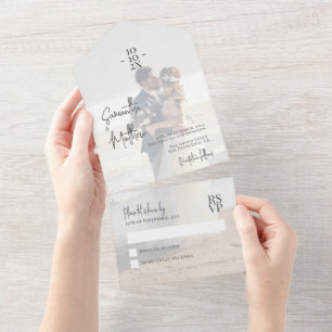 ダスティブルーカップル結婚写真記念日 オールインワン招待状