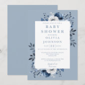 ダスティブルーカントリーエレガントフローラベビーシャワー 招待状 (正面/裏面)