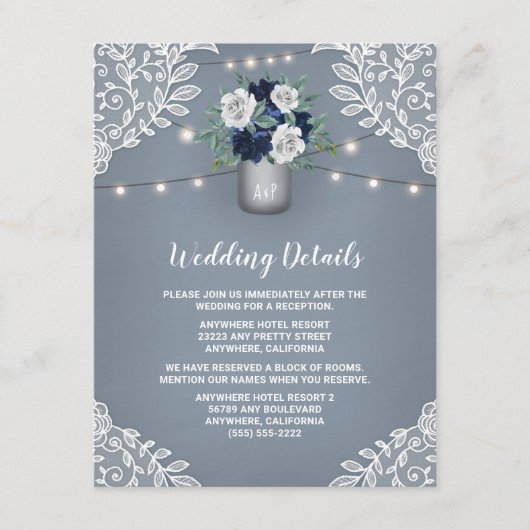 ダスティブルーカントリーホワイトレースメイソンジャー結婚ズ エンクロージャーカード (正面)