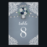 ダスティブルーカントリーホワイトレースメイソンジャー結婚ズ テーブルナンバー<br><div class="desc">ダスティブルーカントリーホワイトレースメイソン結婚ジャーのテーブル番号カード – 白い印刷レース、ストリングライトとフローラ要素、緑などでいっぱいのメイソンジャーとエレガント、ほこりっぽいブルーまたは石板/スチールブルーの背景を特徴とする。このページの一致コレクションを表示して、調整アイテムを検索する。</div>