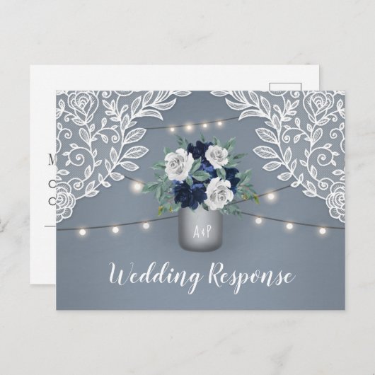 ダスティブルーカントリーレースメイスンジャールウェディングRSVP インビテーションポストカード (正面/裏面)