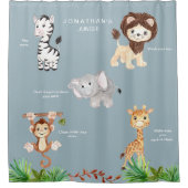 ダスティブルーキッズジャングル動物おもしろい名前をカスタムする シャワーカーテン (正面)