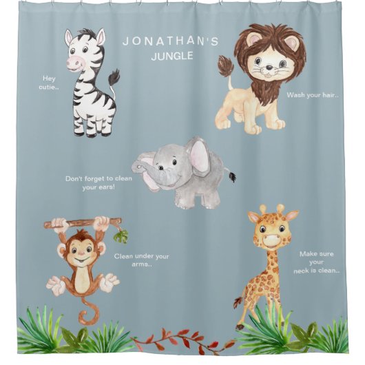 ダスティブルーキッズジャングル動物おもしろい名前をカスタムする シャワーカーテン (正面)