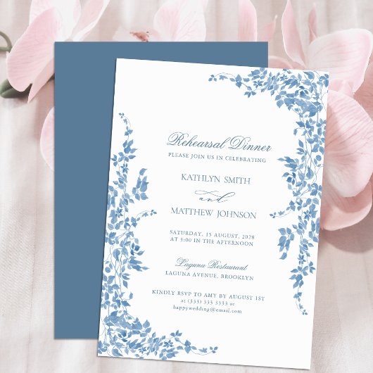 ダスティブルークラシックヴィンテージフローラリハーサルディナー 招待状