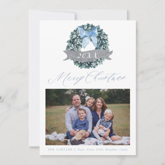 ダスティブルークリスマスリースホリデーフォトカード シーズンカード (正面)