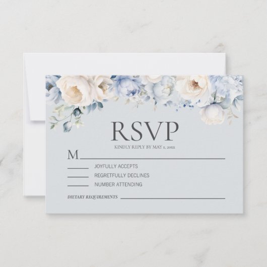 ダスティブルークリームホワイトフローラ結婚ズ 出欠カード (正面)