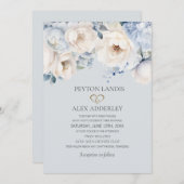 ダスティブルークリームホワイトフローラ結婚金ゴールド 招待状 (正面/裏面)